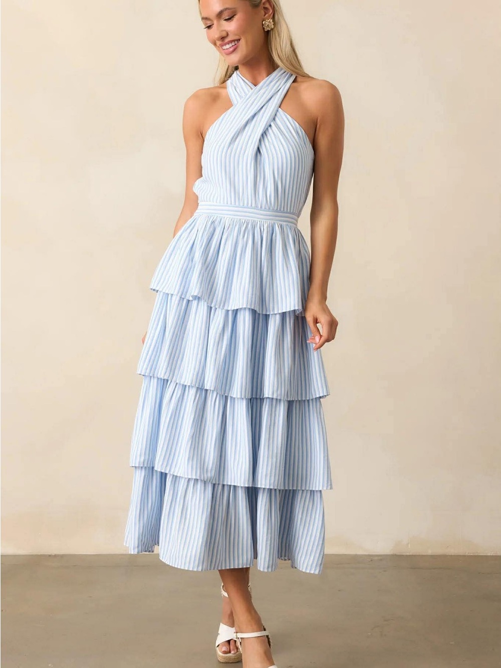 Skies Are Blue Light Blue & White Striped Halter Tiered Maxi Dress